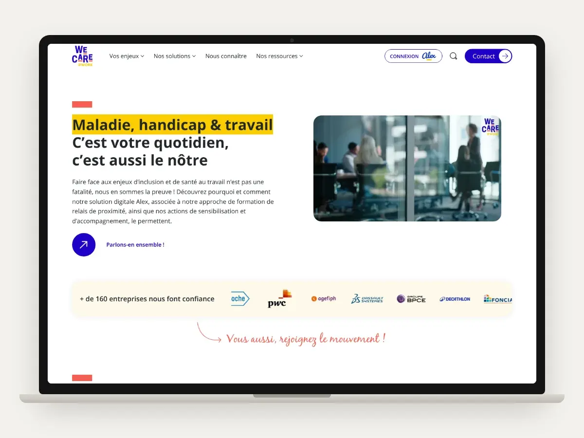 Page d’accueil du site Wecare@work réalisé par Alexandre